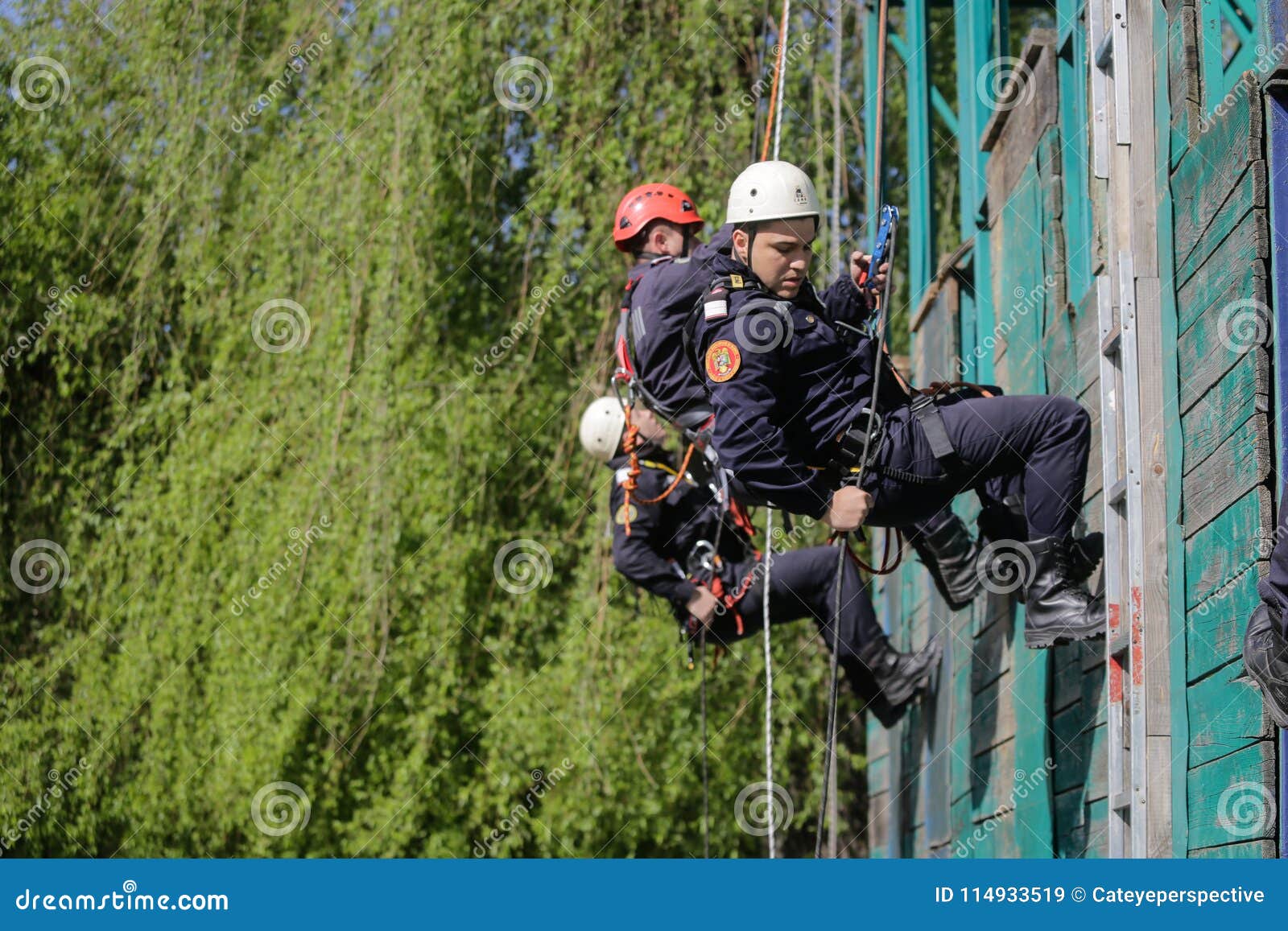 Firefighters are Rappelling and Climbing Ropes Editorial Stock Image