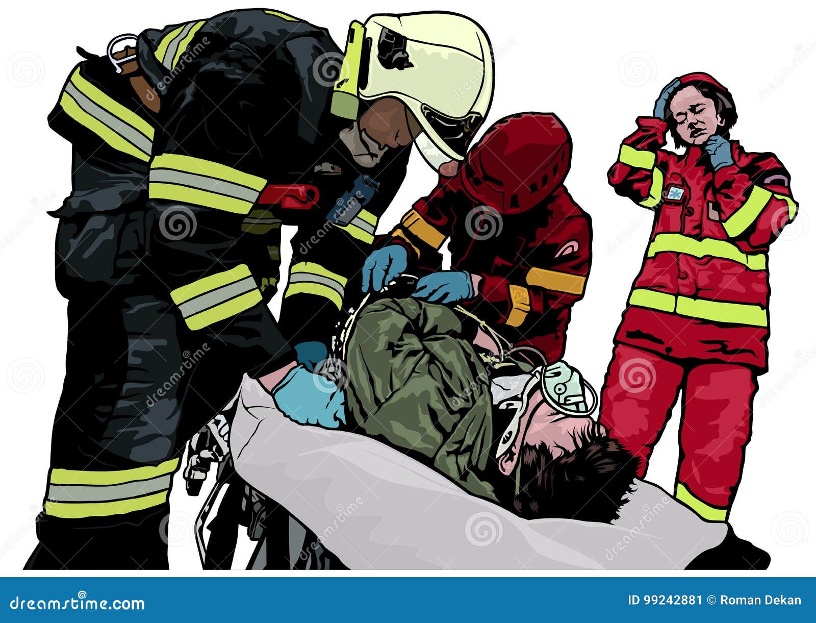 Firefighters and Saved Man on Stretcher Stock Vector Illustration of