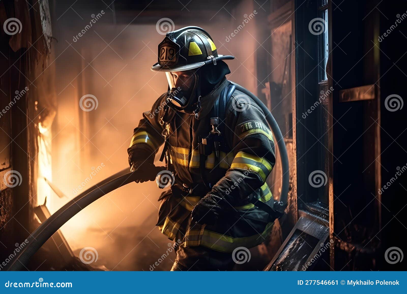 Firefighters Spraying Water in Fire Fighting Operation, Fire and Rescue