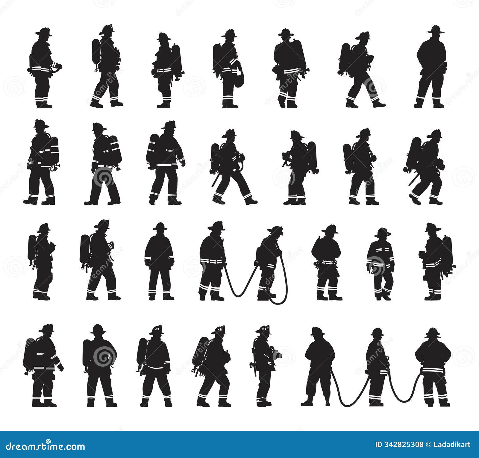 fireman in different poses black silhouette icons set featuring various stances responding emergencies extinguishing