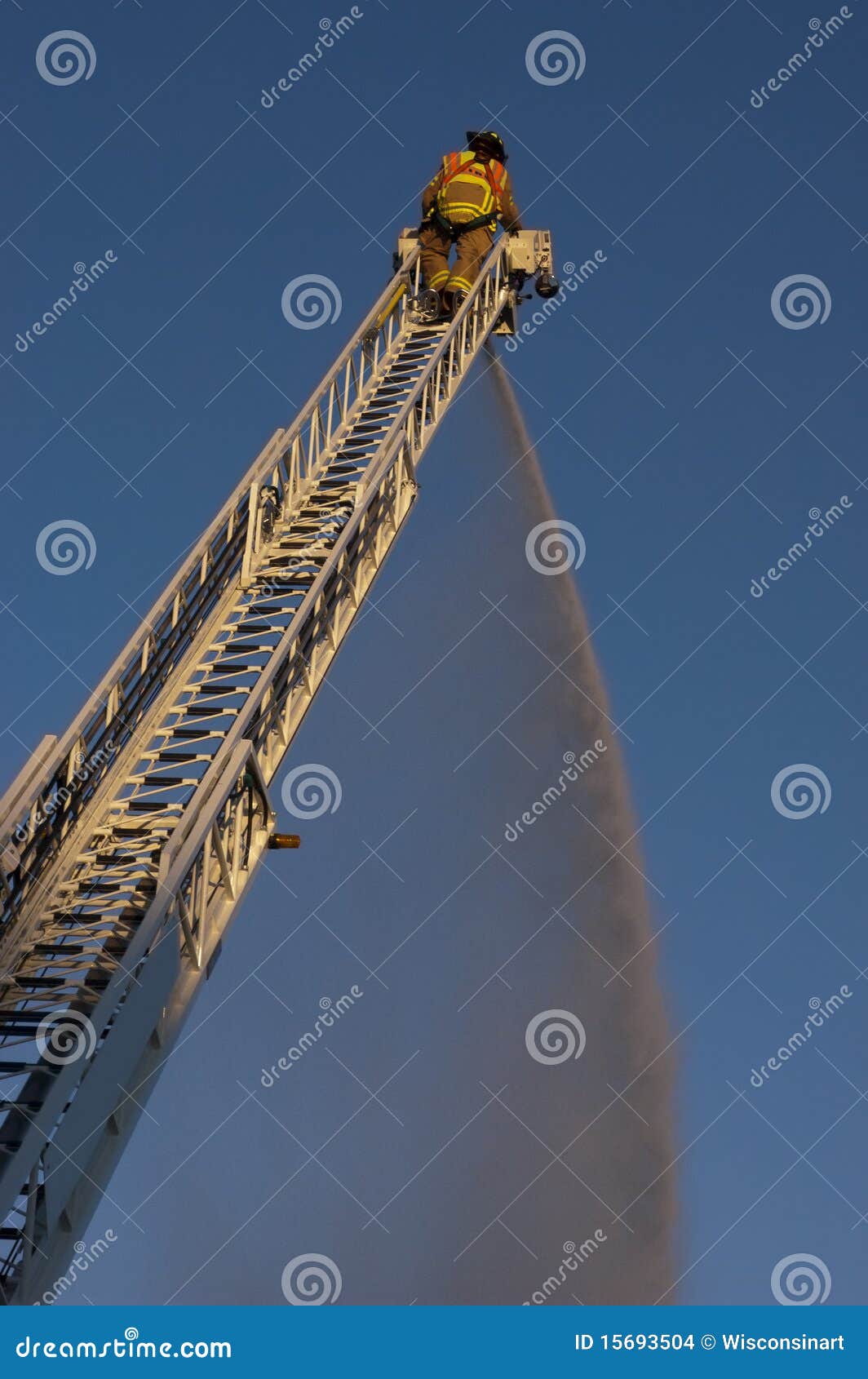 Fireman on Ladder Truck Spray Water on Fire Stock Photo Image of active, disaster 15693504