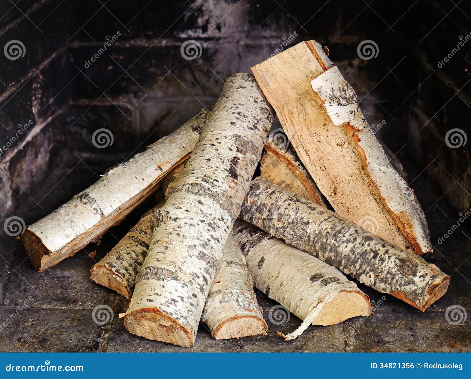 Fireplace with birch wood. stock photo. Image of comfortable - 34821356