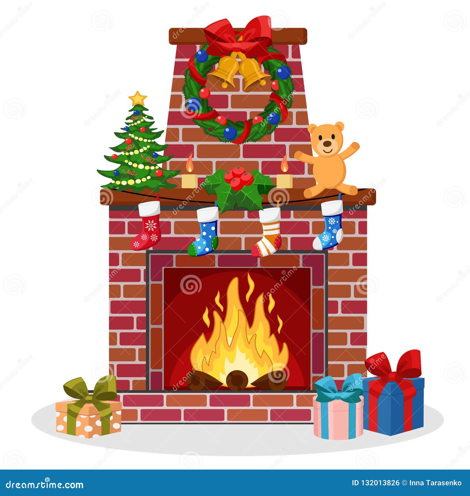 Fireplace of Brick Decorated with Socks, Christmas Tree, Candles, Bells ...