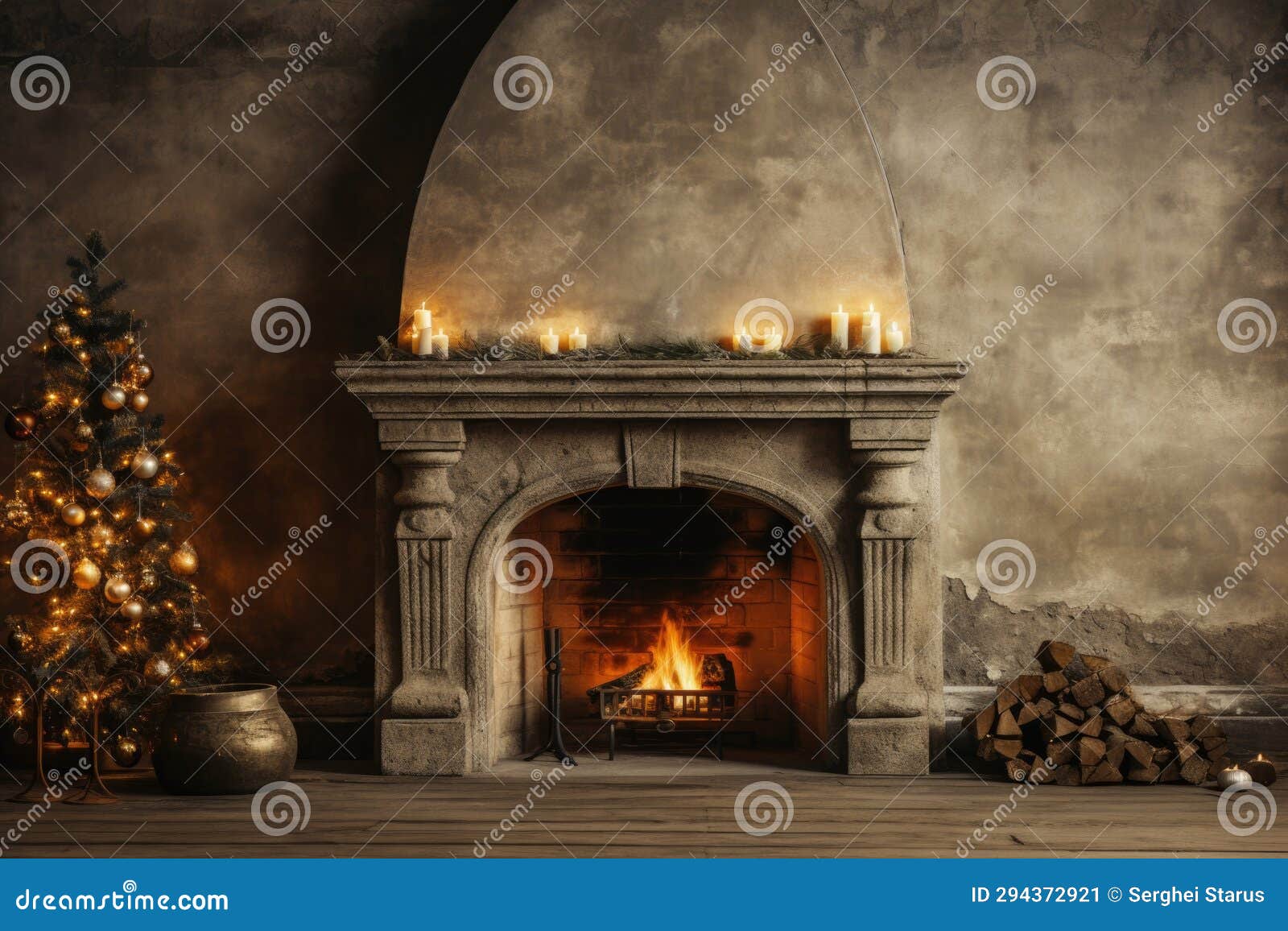 A Fireplace with Candles and Christmas Tree in Front of it, AI Stock
