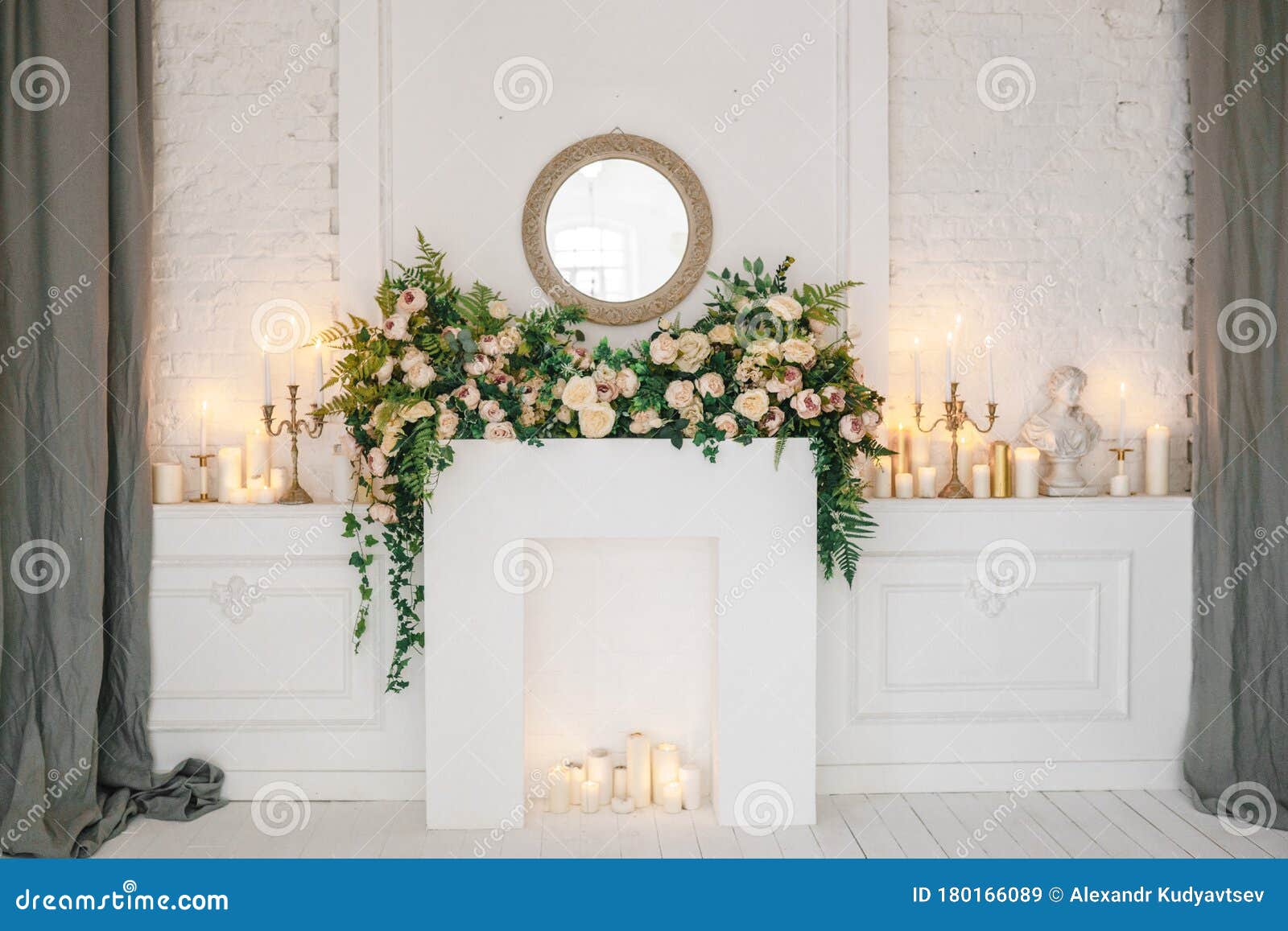 Fireplace with Candles Decorated with Flowers Stock Image Image of traditional, interior