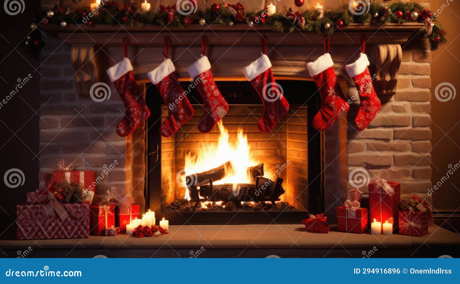 Fireplace with Christmas Socks on it in Front of a Burning Fireplace