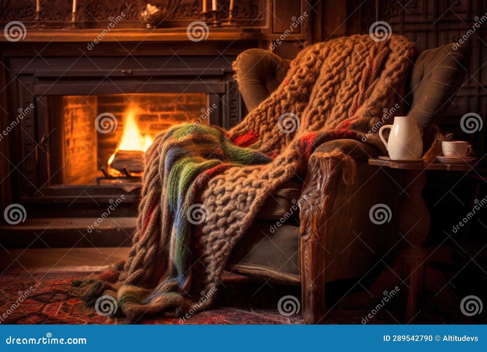 Fireplace with a Cozy Knitted Blanket Draped Over a Chair Stock