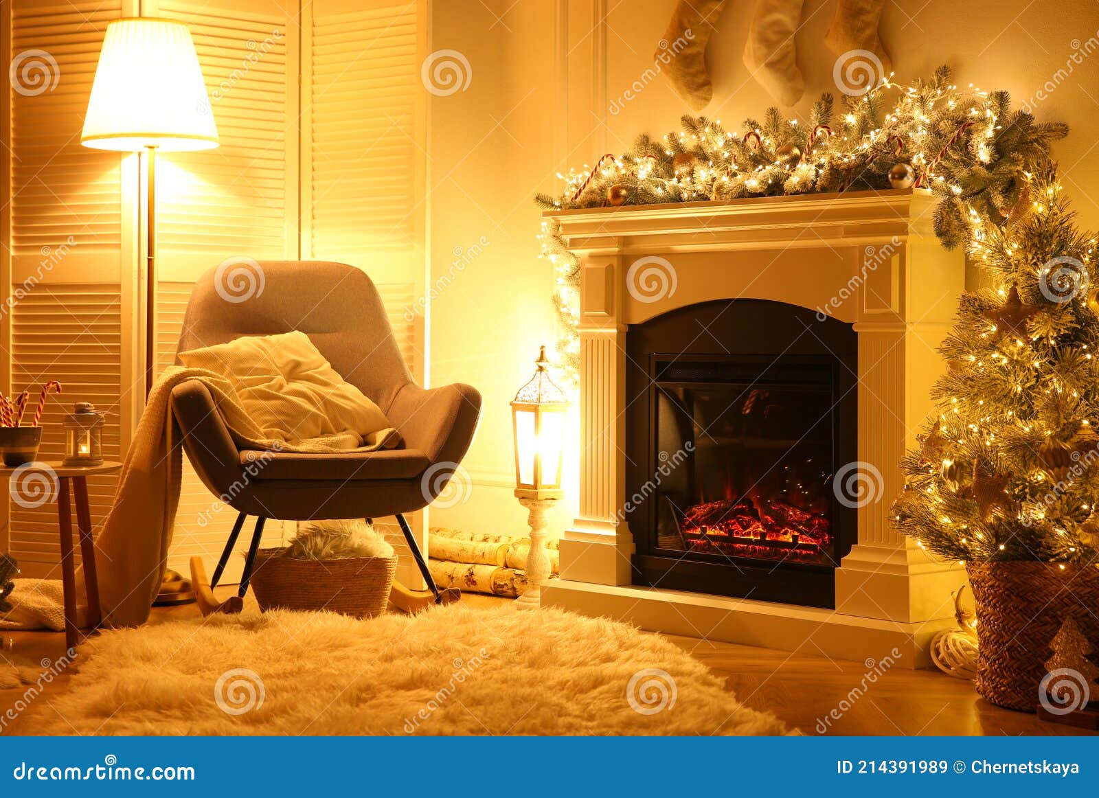 Fireplace in Living Room Decorated for Christmas Stock Image Image of