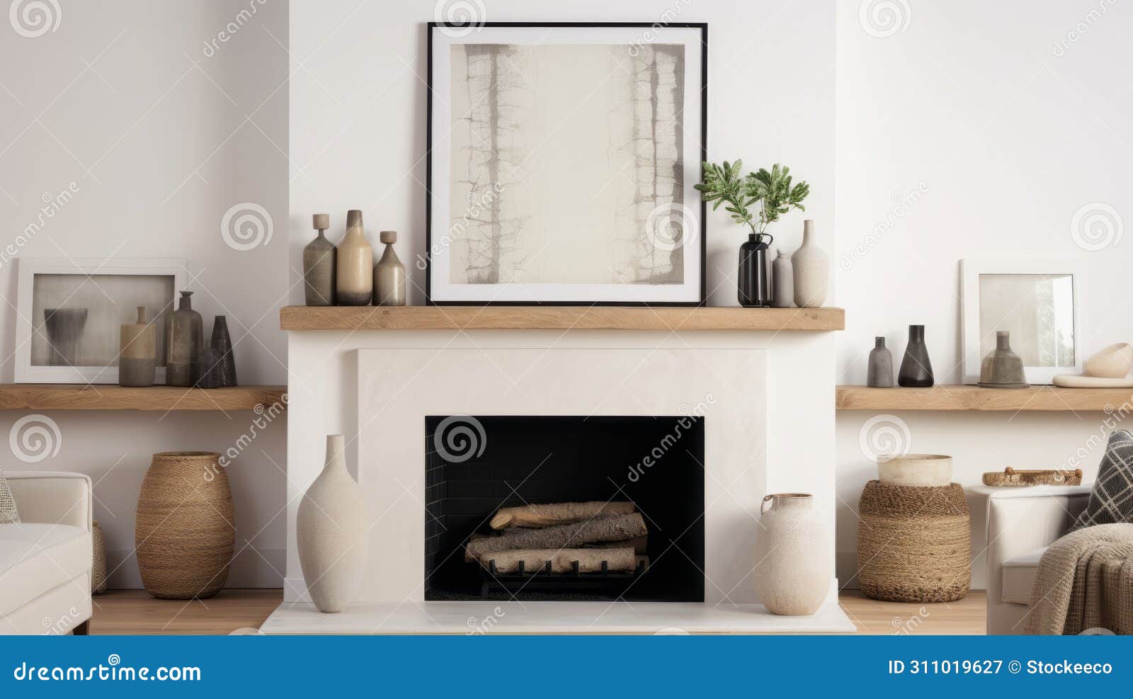 Elegant Fireplace Mantel by West Elm in Front of White Wall Stock