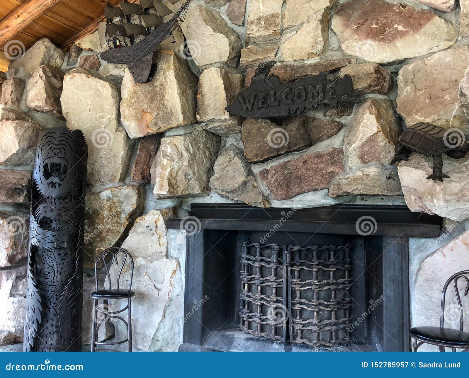 Fireplace With Metal Details In Park Shelter Building Stock Image