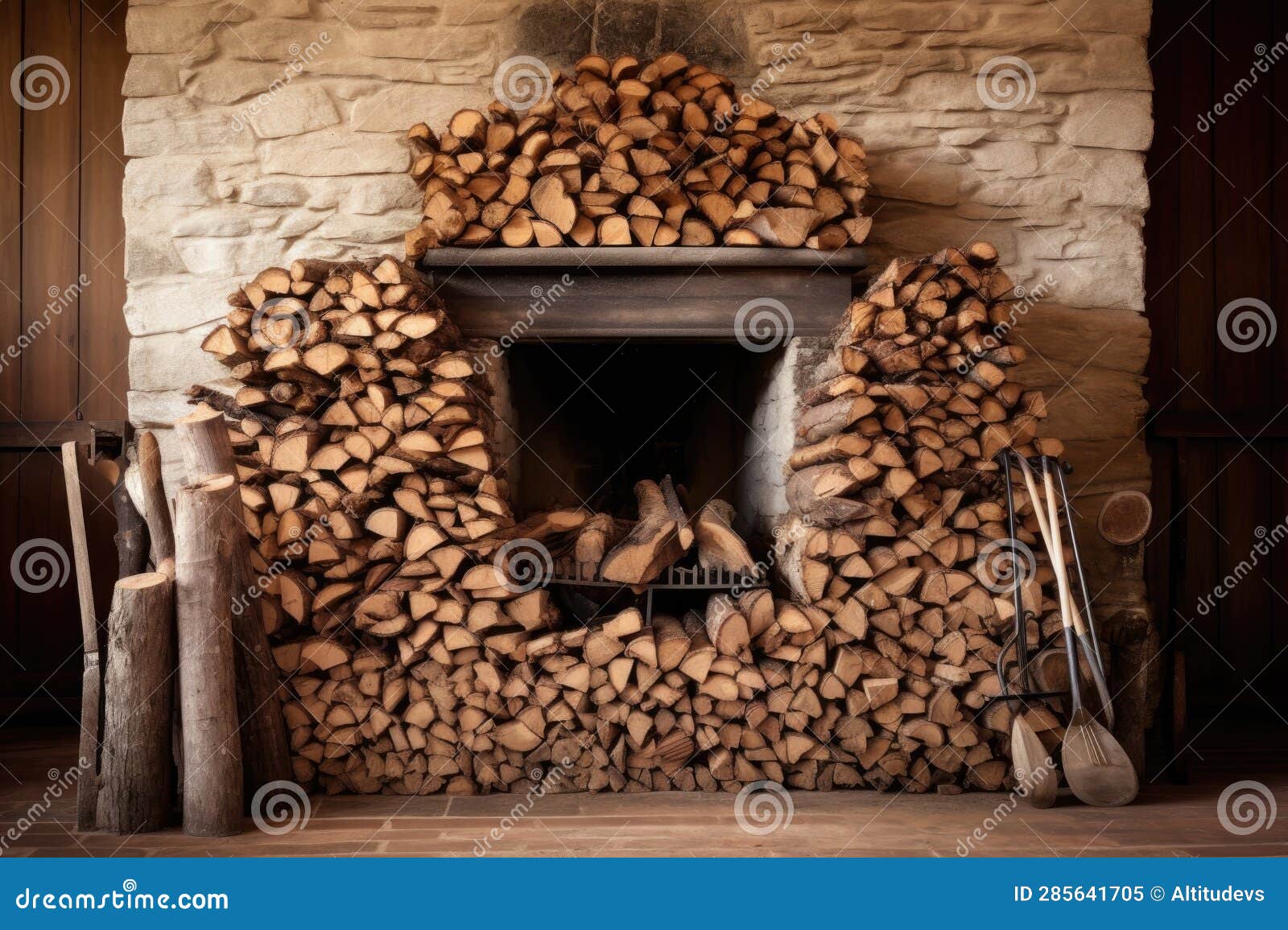 Fireplace with Stacked Firewood Ready To Burn Stock Image Image of