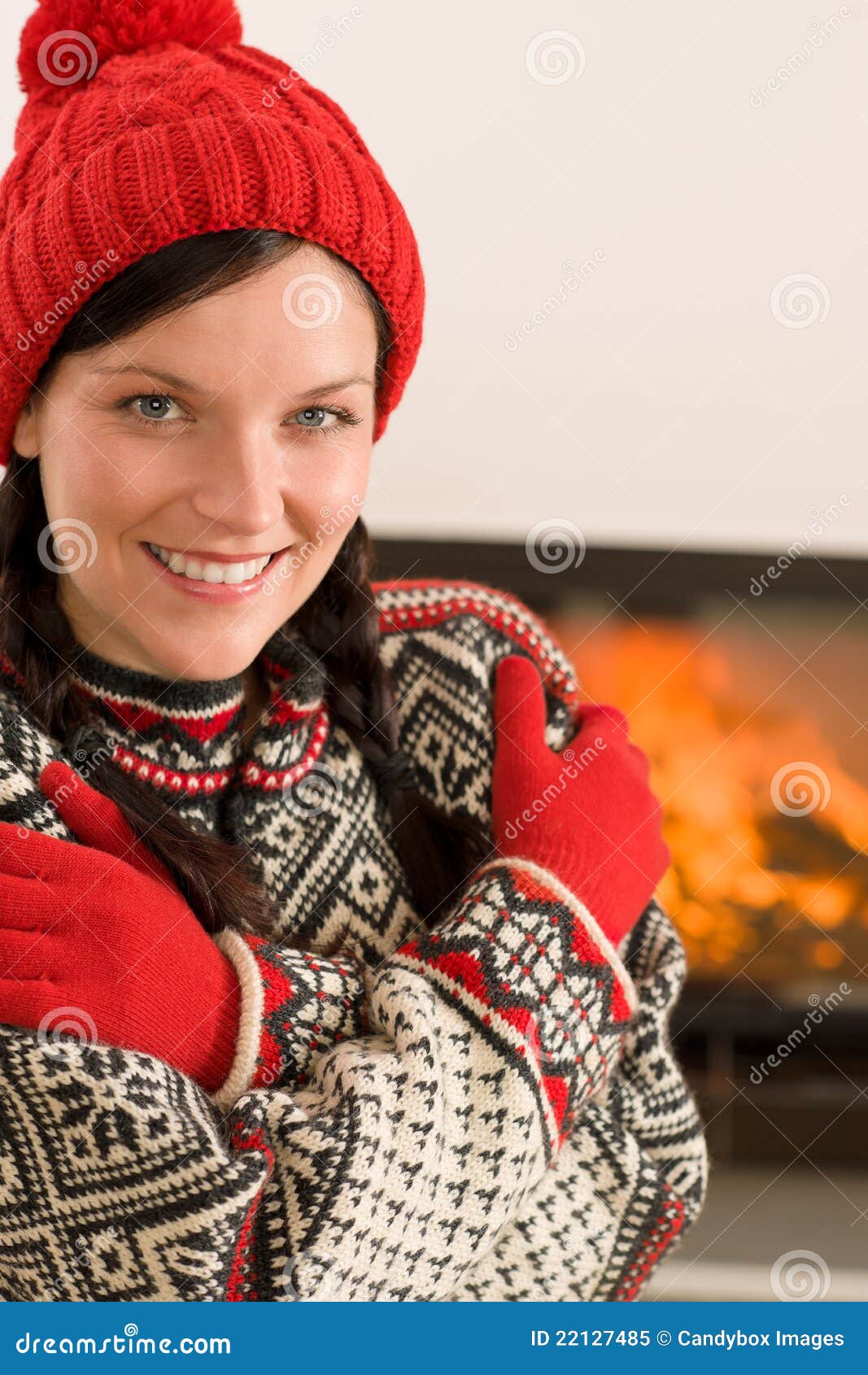 Fireplace Winter Xmas Young Woman Wear Sweather Stock Image - Image of ...