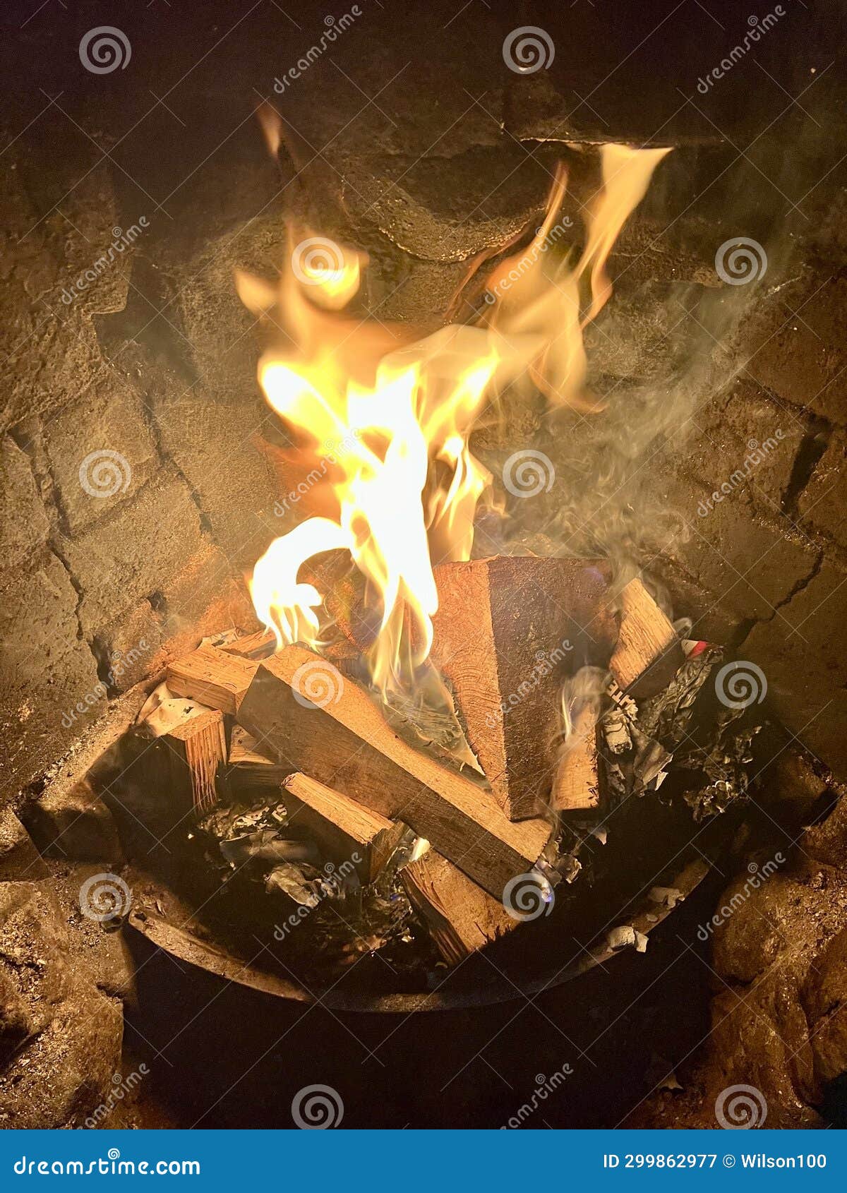 Fireplace with Wood Fire stock image. Image of real 299862977