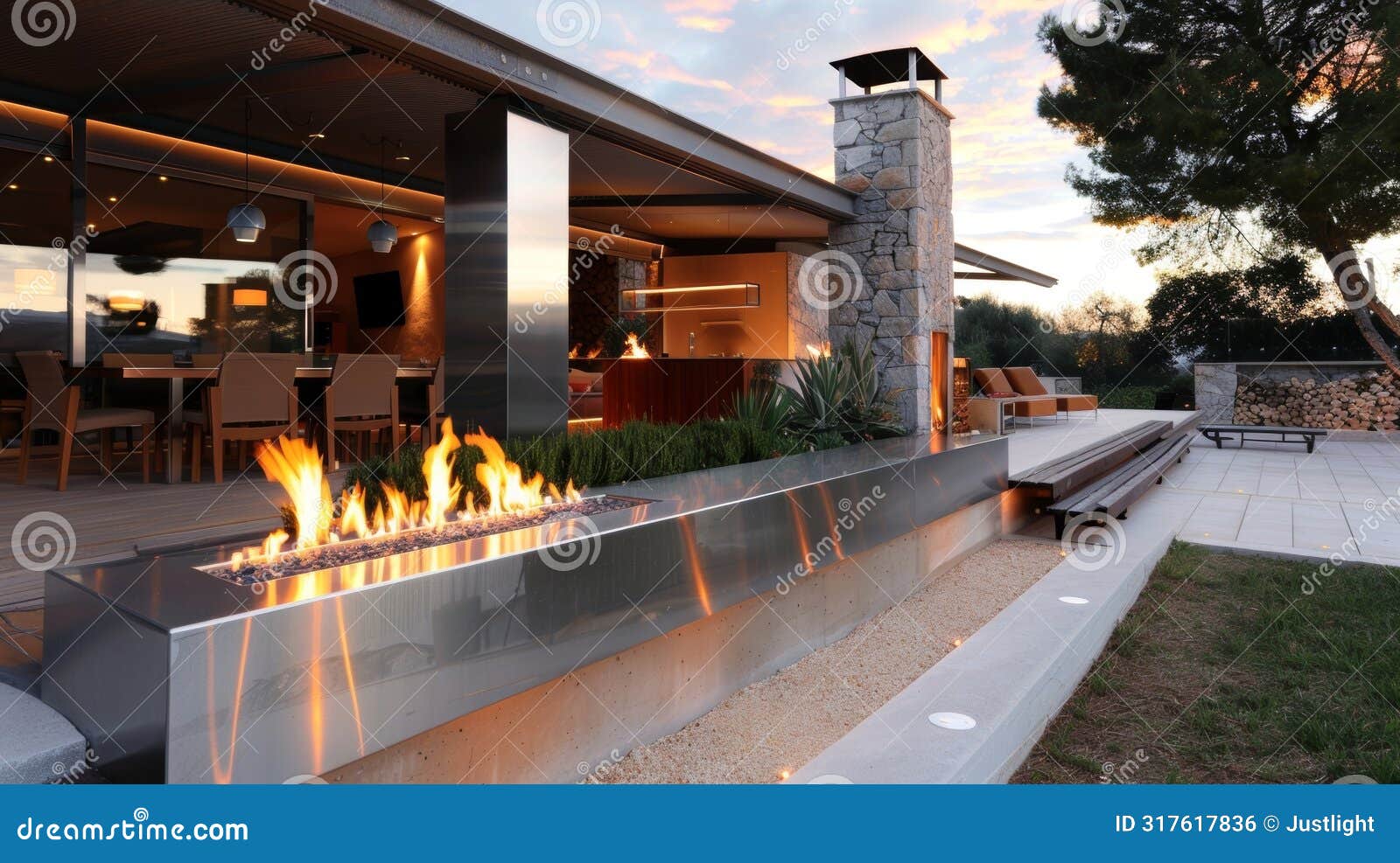 the fireplaces sleek stainless steel exterior contrasts beautifully against the warm fiery flames within. 2d flat