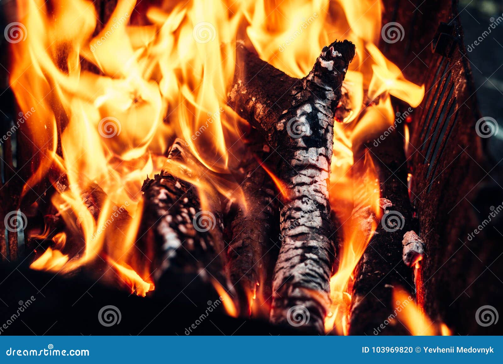 Firewood Burned In Bright Yellow Flame The Grill Firewood Burned In The