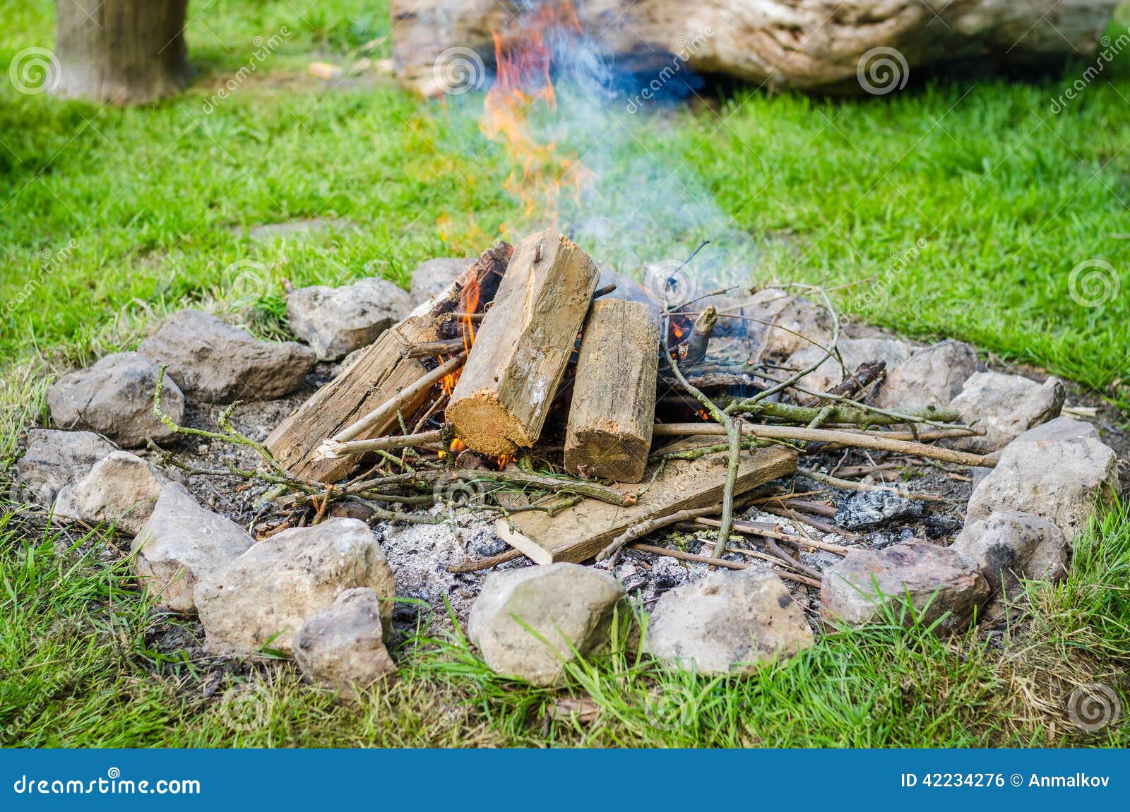 Firewood Burning in Fire with Smoke Surrounded by Stones Stock Photo