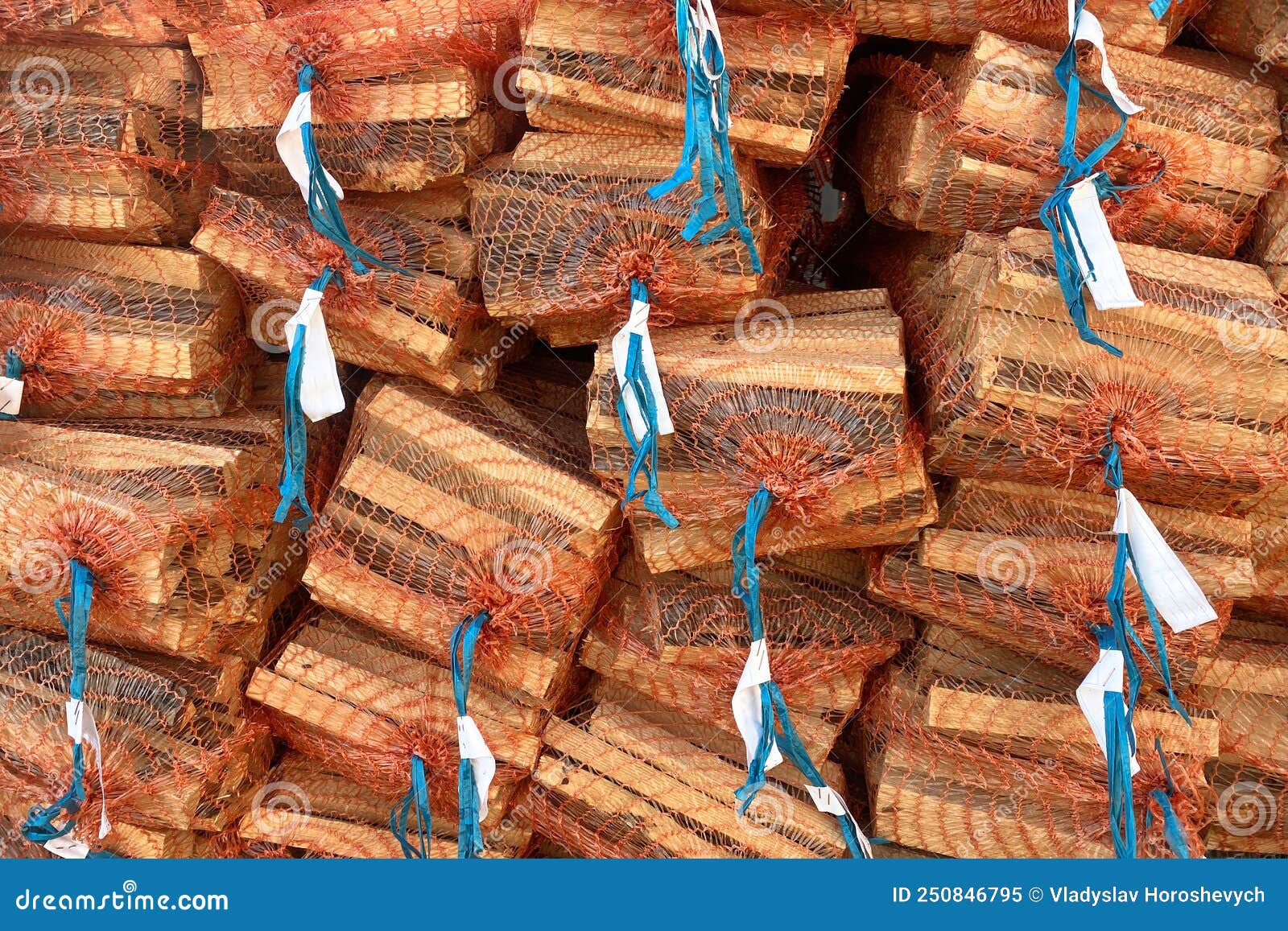 Firewood in the Grid. Big Pile of Firewood Packed in Nets for Sale