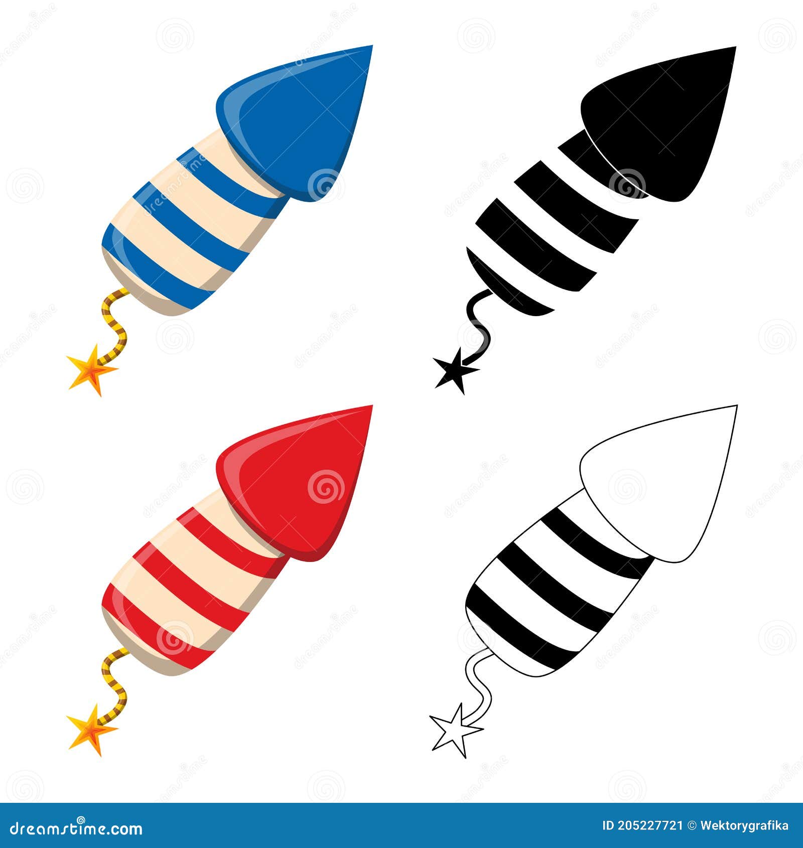 firework rocket petard icon set. new year celebration  collection. red, blue, outline and silhouette  . great