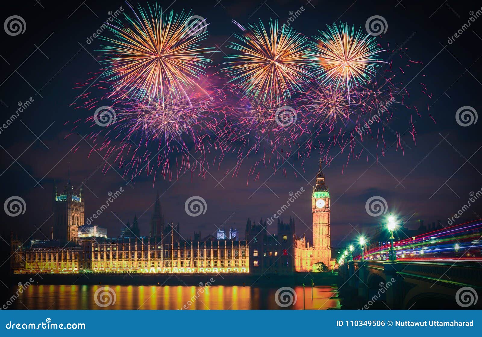 Firework Show Over Big Ben at Night, London Editorial Photo Image of
