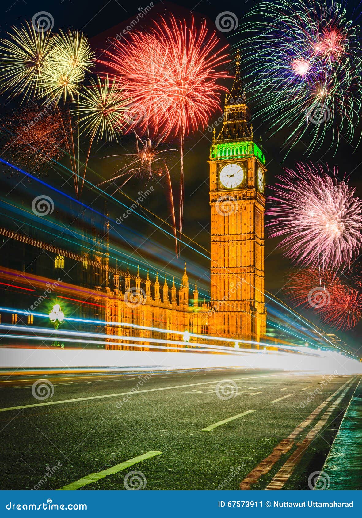 Firework Show Over Big Ben at Night, London Stock Image Image of