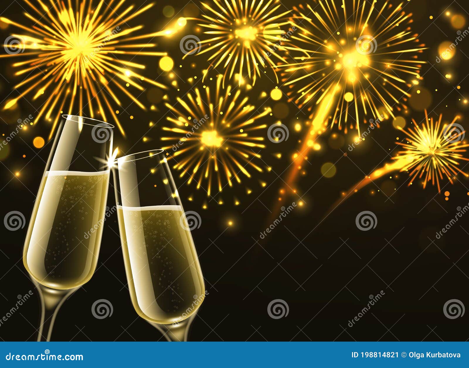 fireworks and champagne glasses. sparkling wine and new year golden firework with bokeh effect, congratulatory toast