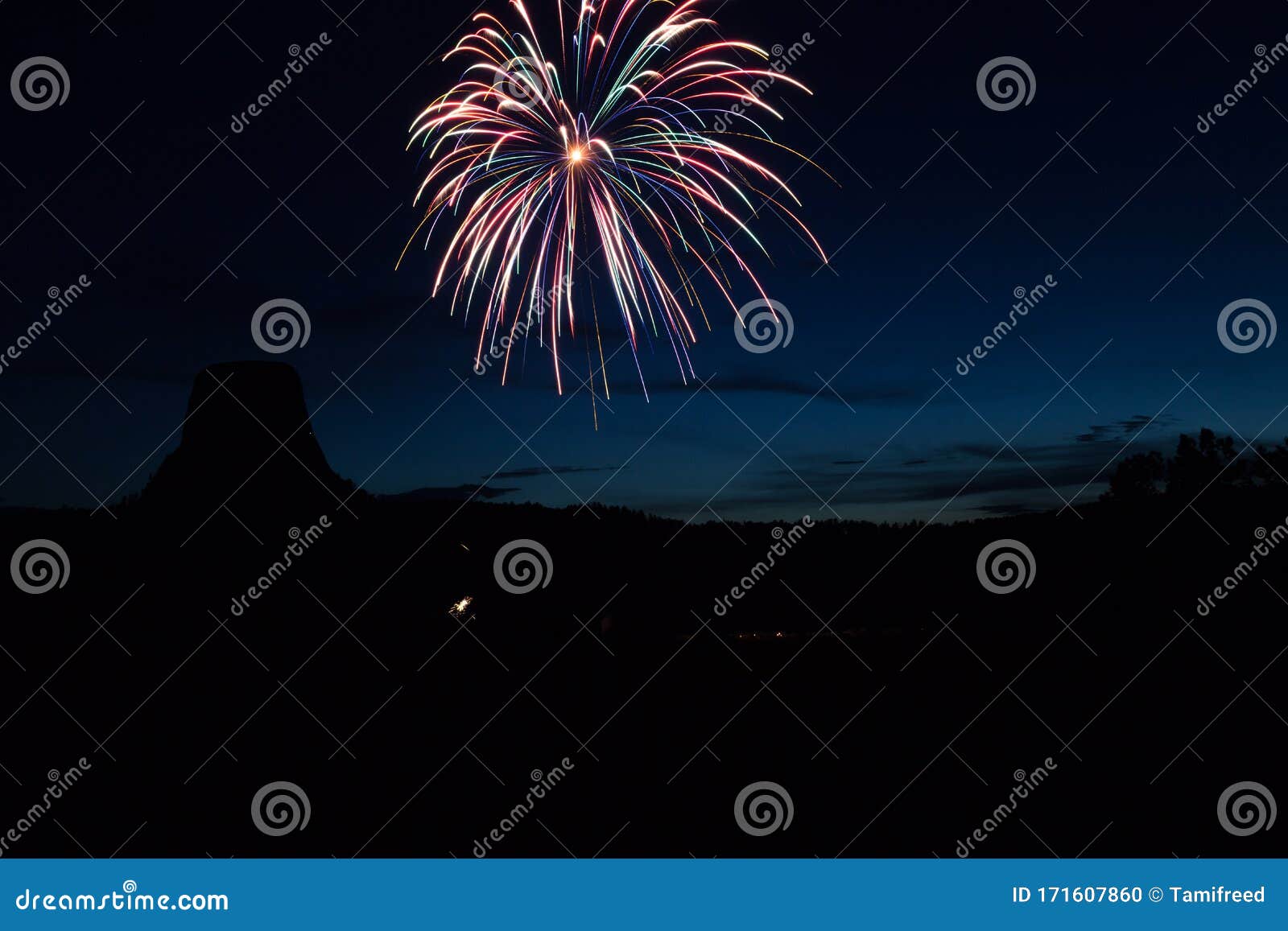 Fireworks by Devils Tower stock photo. Image of fireworks 171607860