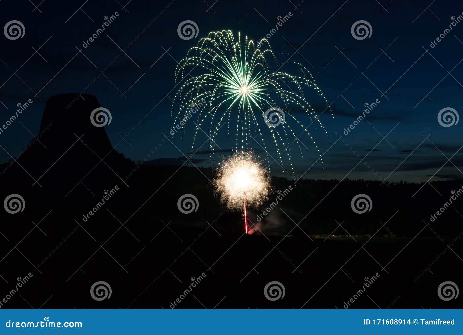 Fireworks by Devils Tower stock photo. Image of smoke 171608914