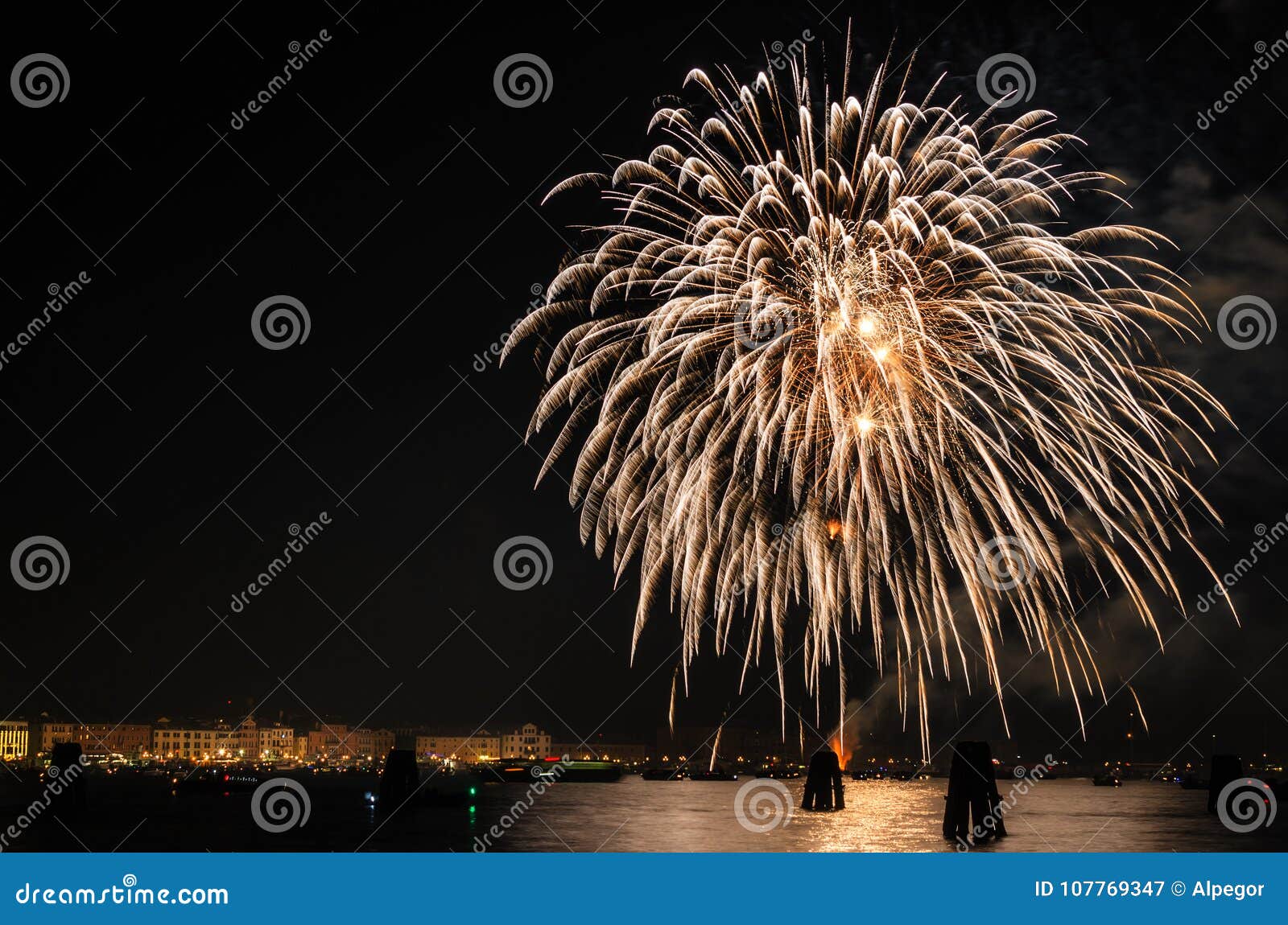Fireworks Display Above the Lagoon of Venice Stock Image Image of