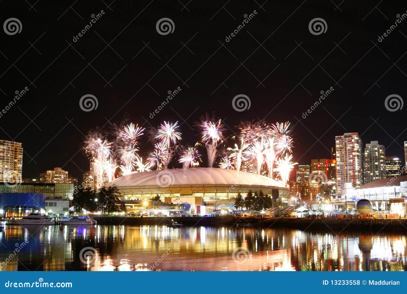 fireworks display over false creek