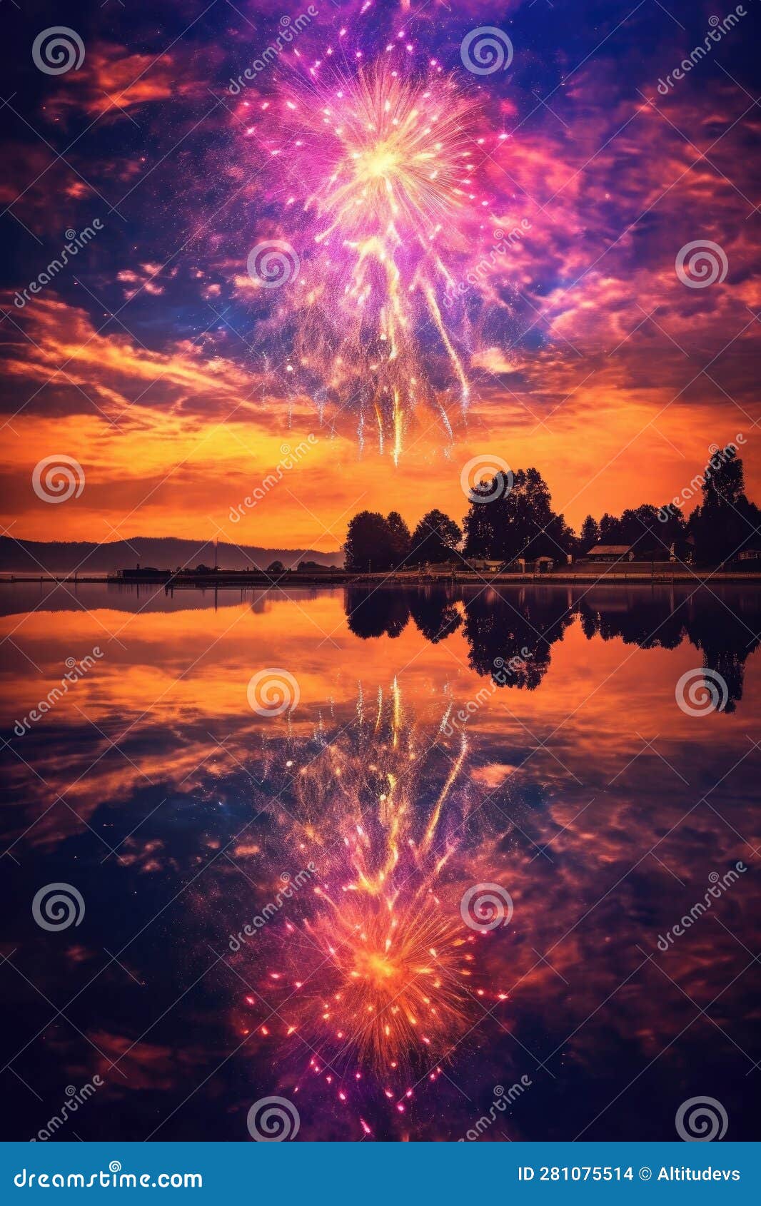Fireworks Display Reflecting on Calm Lake Stock Illustration