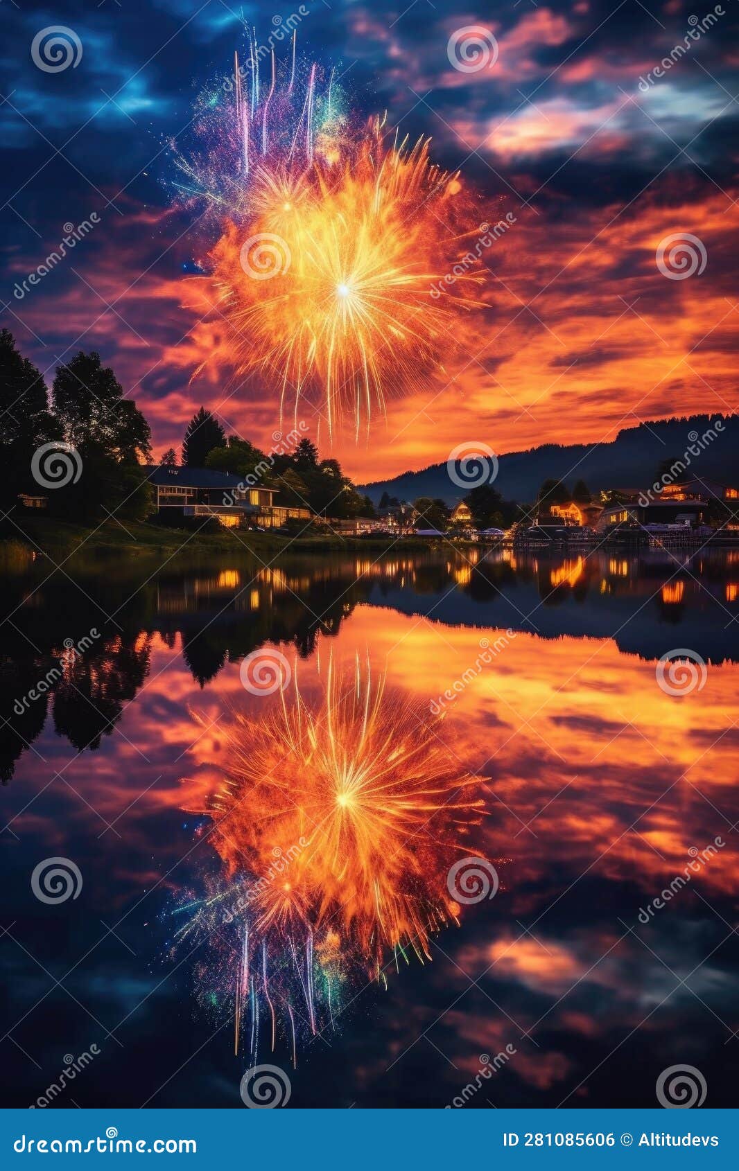 Fireworks Display Reflecting on Calm Lake Stock Photo Image of