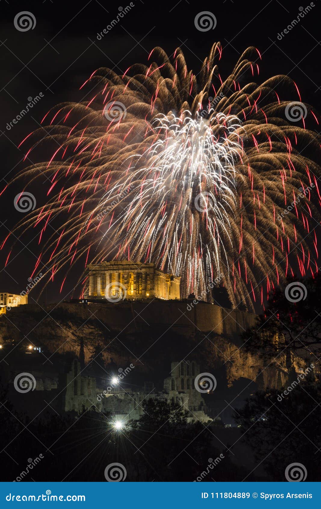 Fireworks Explode Over the Temple of Acropolis in Athens Stock Image