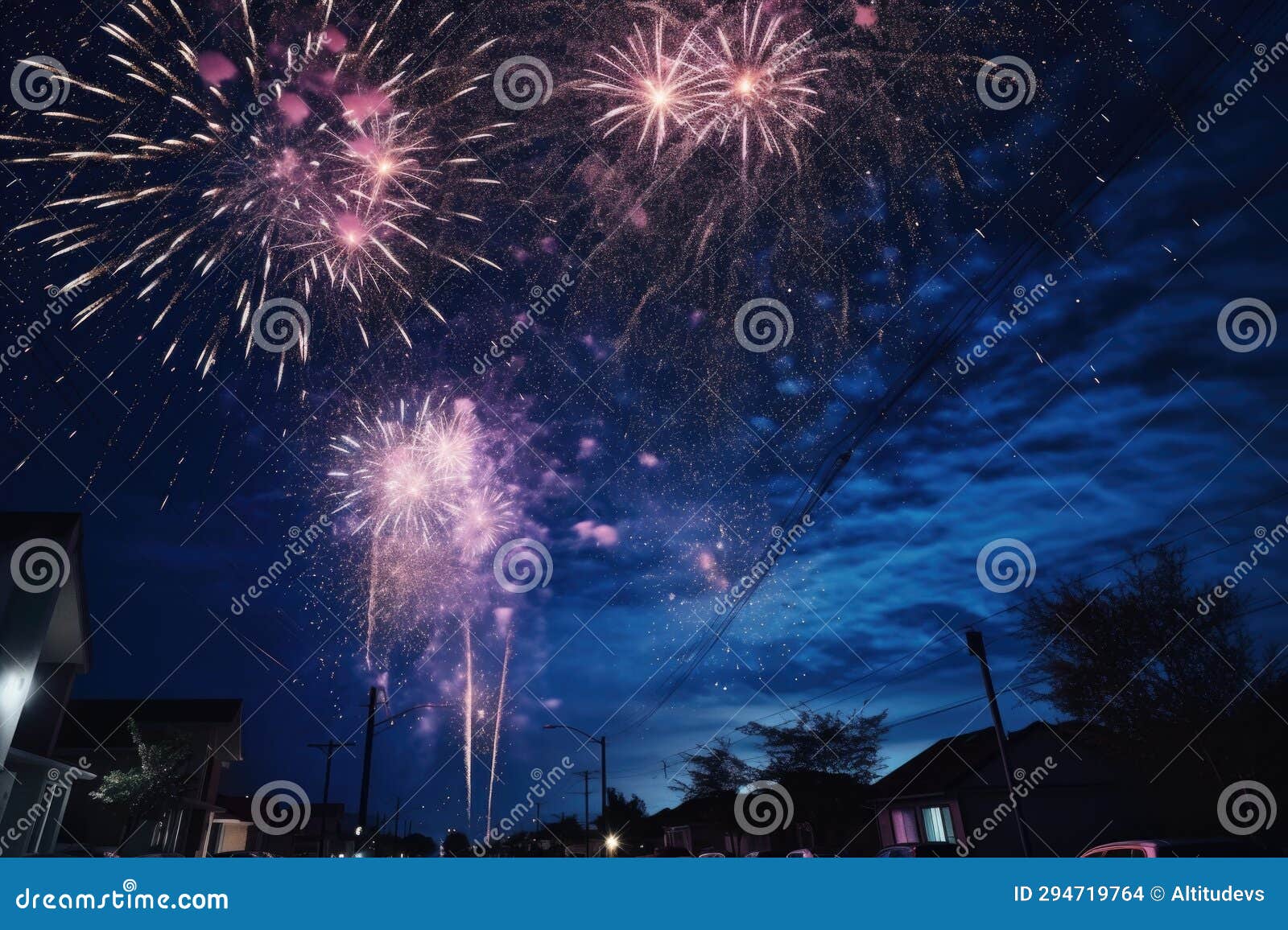 Fireworks Exploding Against Black Night Sky on New Years Eve Stock