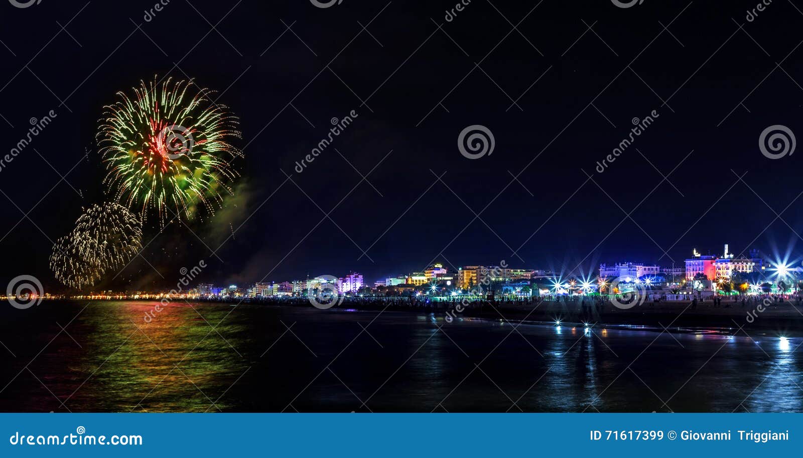 fireworks explosion night show on seafront. rimini