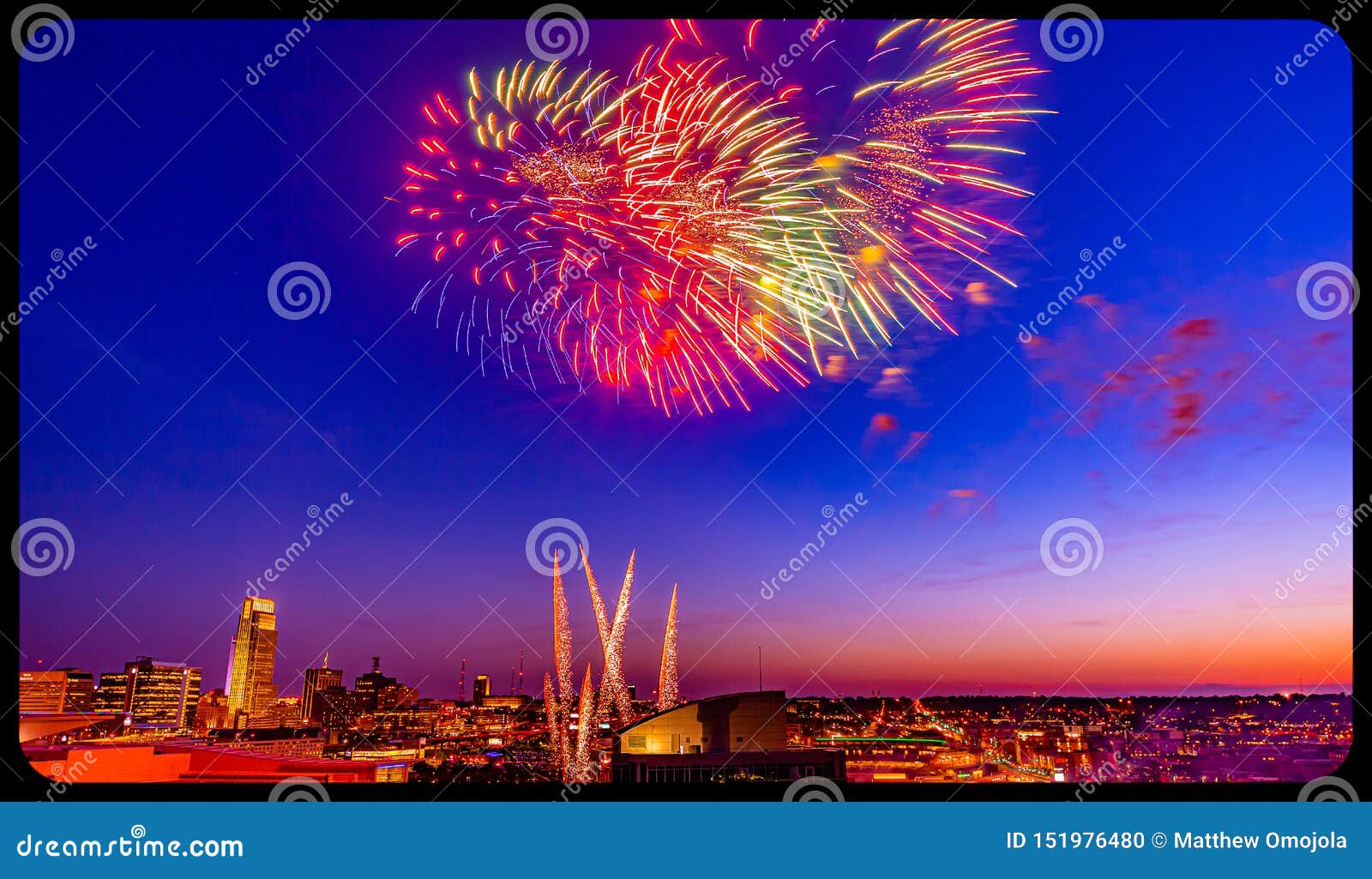 Fireworks Over Downtown Omaha Nebraska at Night Stock Photo Image of