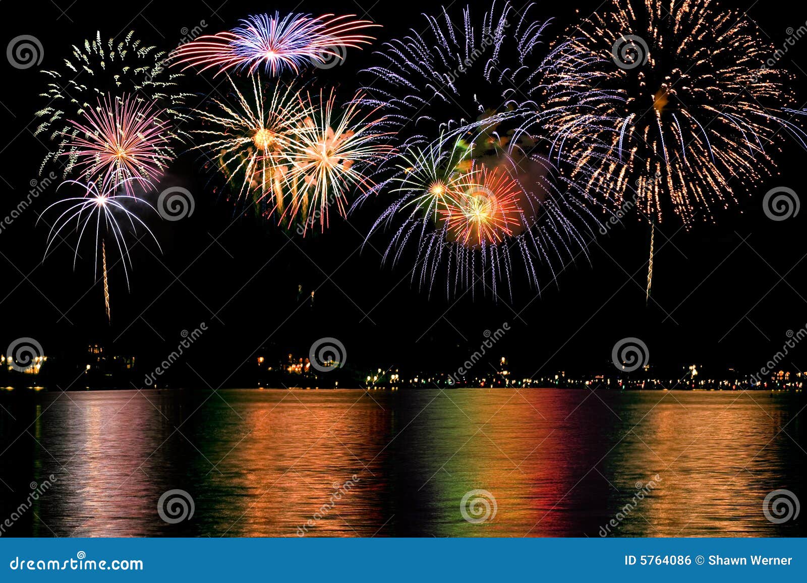 Fireworks Over the Lake stock photo. Image of pyrotechnic 5764086