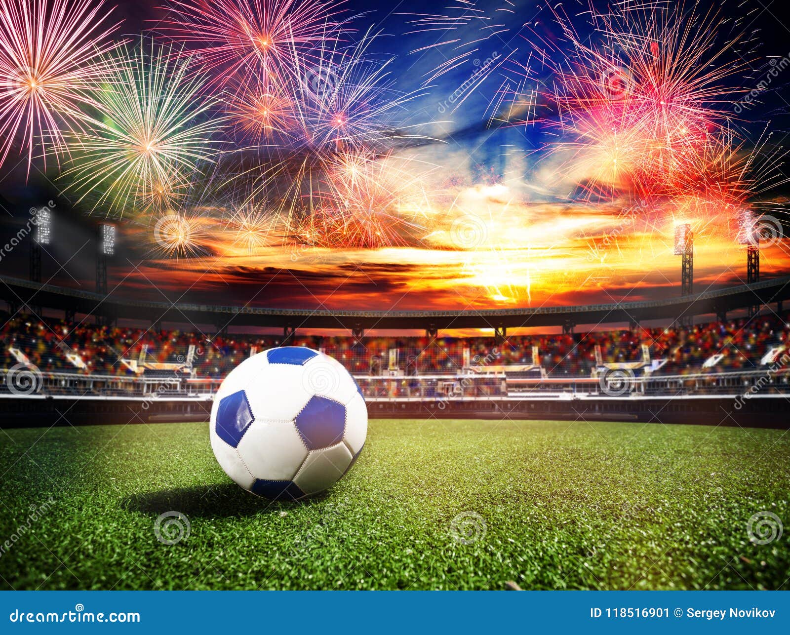 Fireworks Over Soccer Stadium As Final Win Game Stock Image - Image of ...