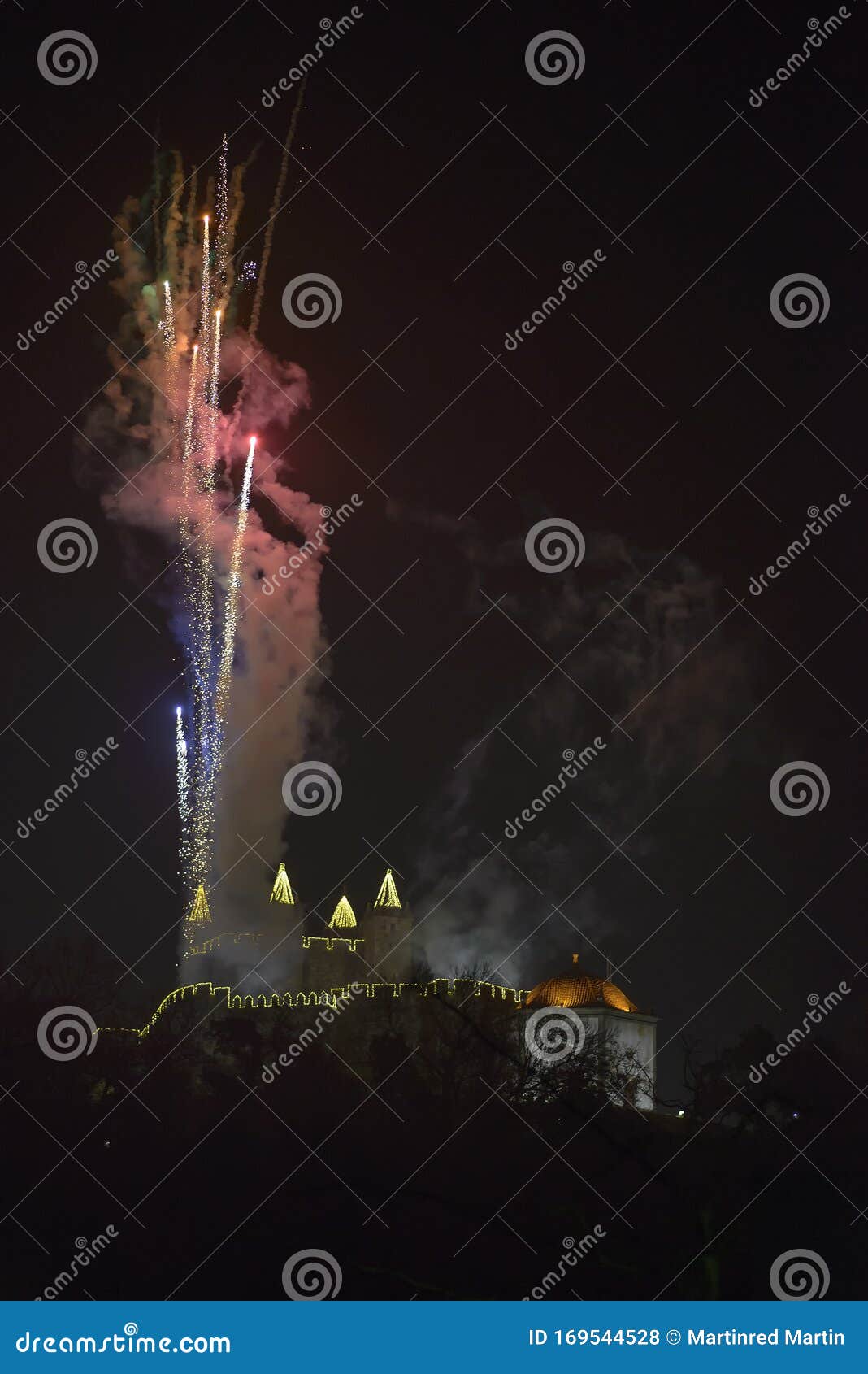 fireworks from perlim castle in santa maria da feira, portugal