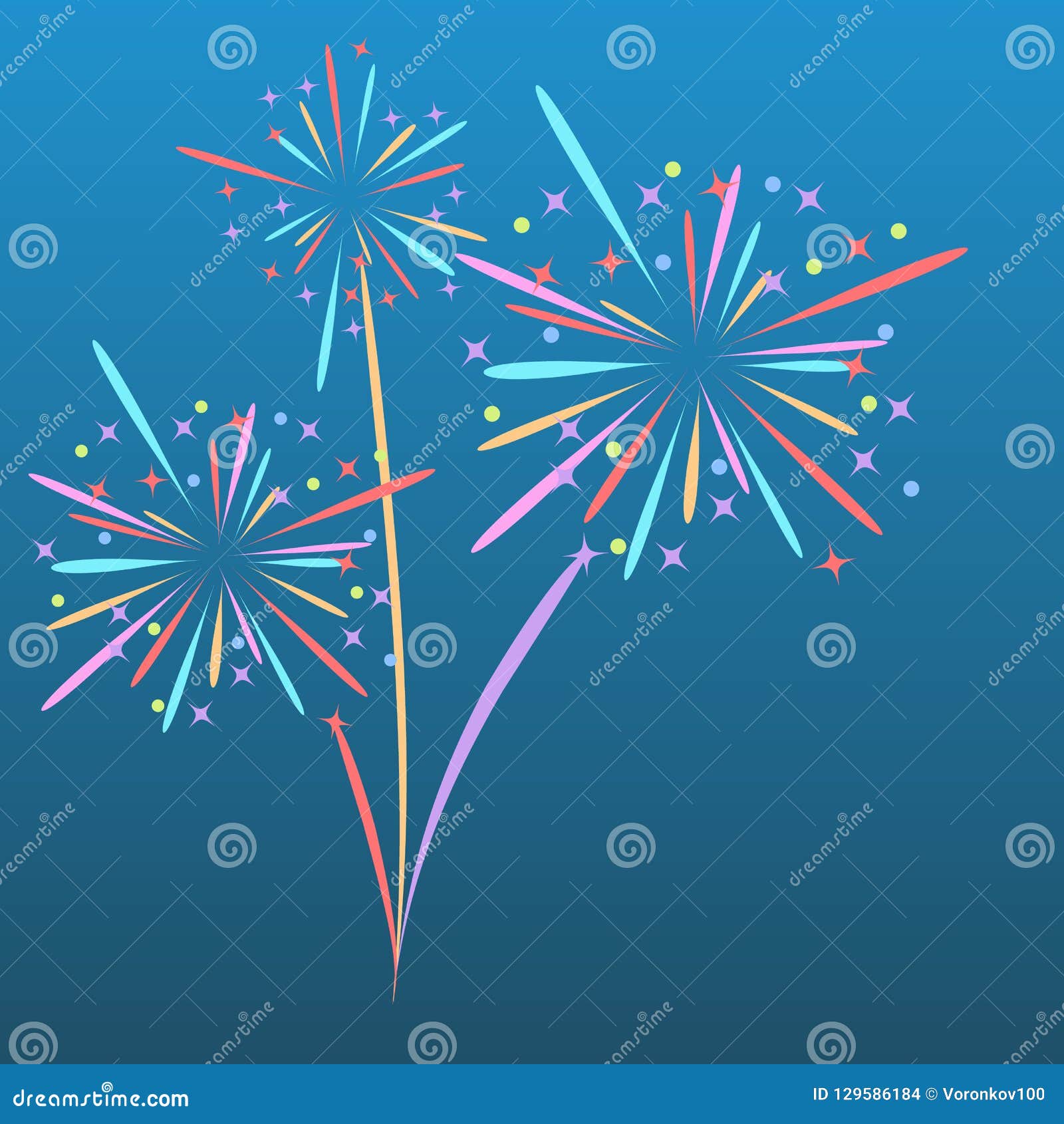 fireworks rocket explodes in colored stars.   on  blue background. abstract  .