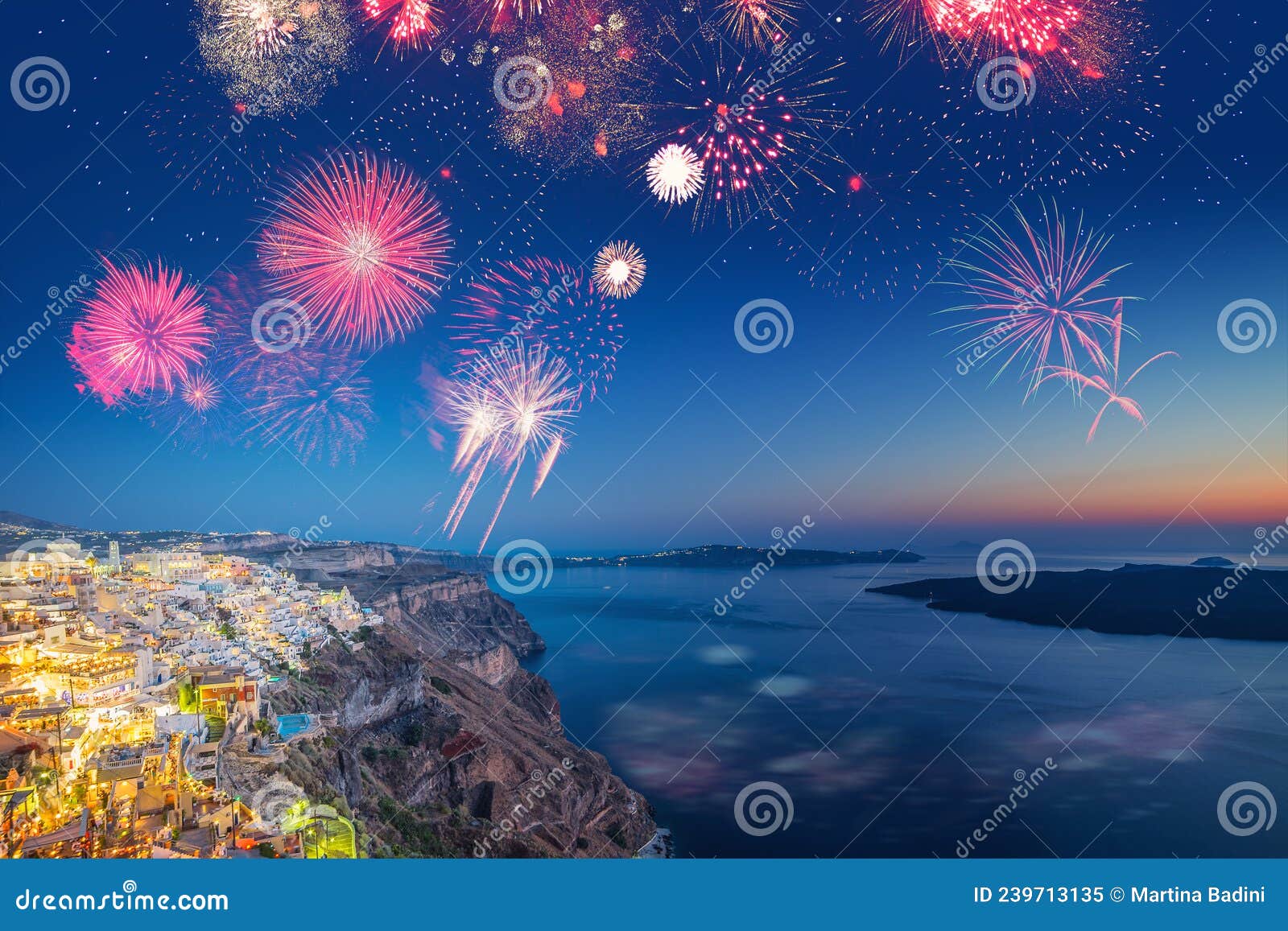 Fireworks in Santorini (Greece) during New Year S Celebration Stock