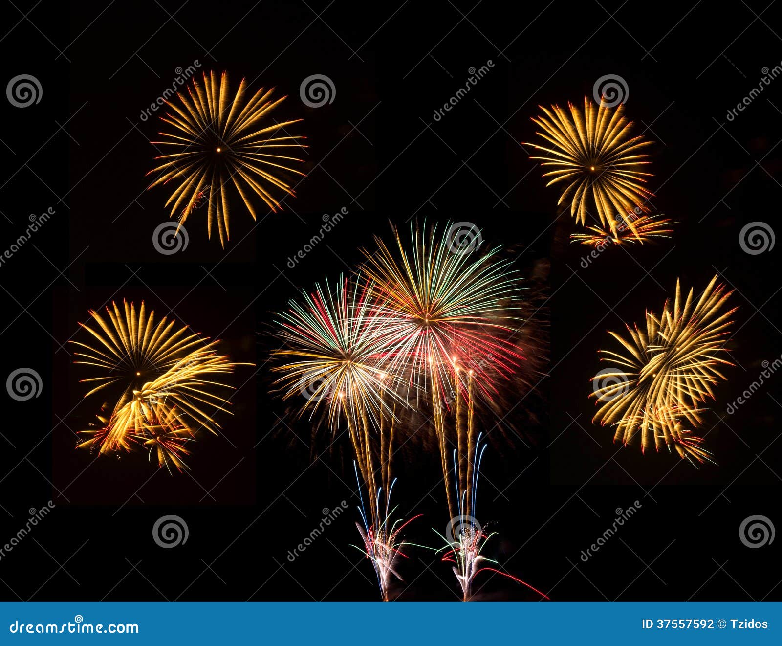 Fireworks Set of Five Picture for Celebration Stock Photo Image of
