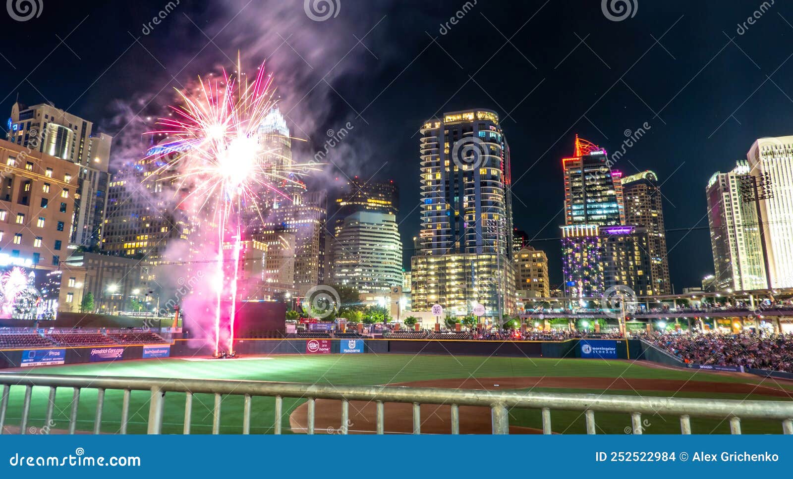 Fireworks Show Over Charlotte Skyline Post Baseball Game Editorial