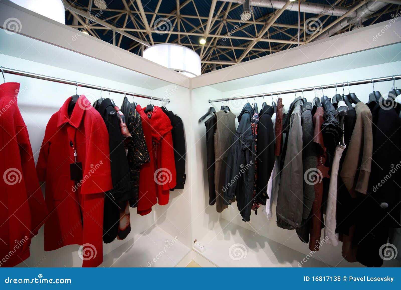 Firm Outer Clothing Hangs at Demonstration Stands Stock Photo Image