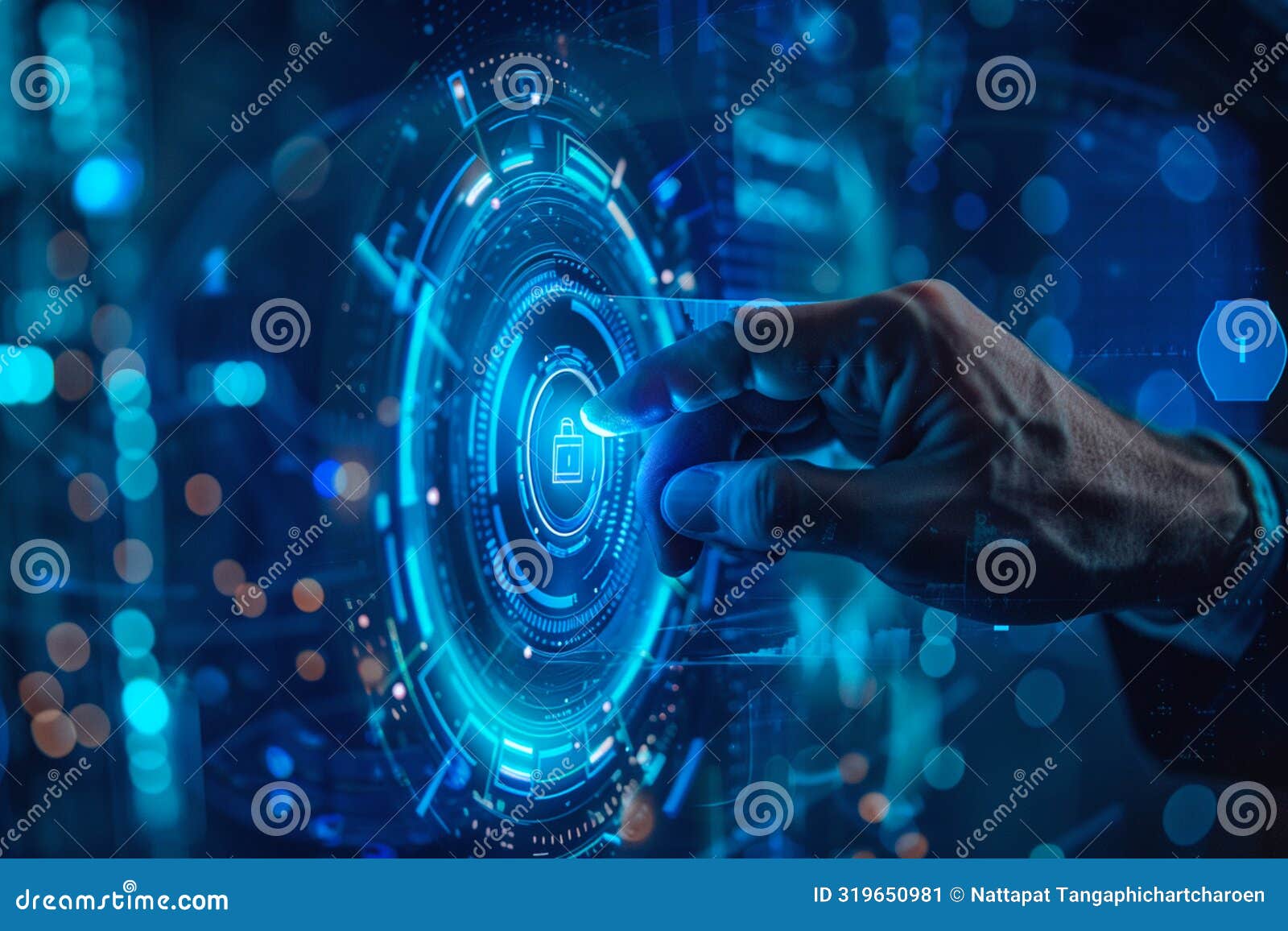 firmly grasping the security padlock button on virtual screens, the businessman illustrates the interconnectedness, generated ai