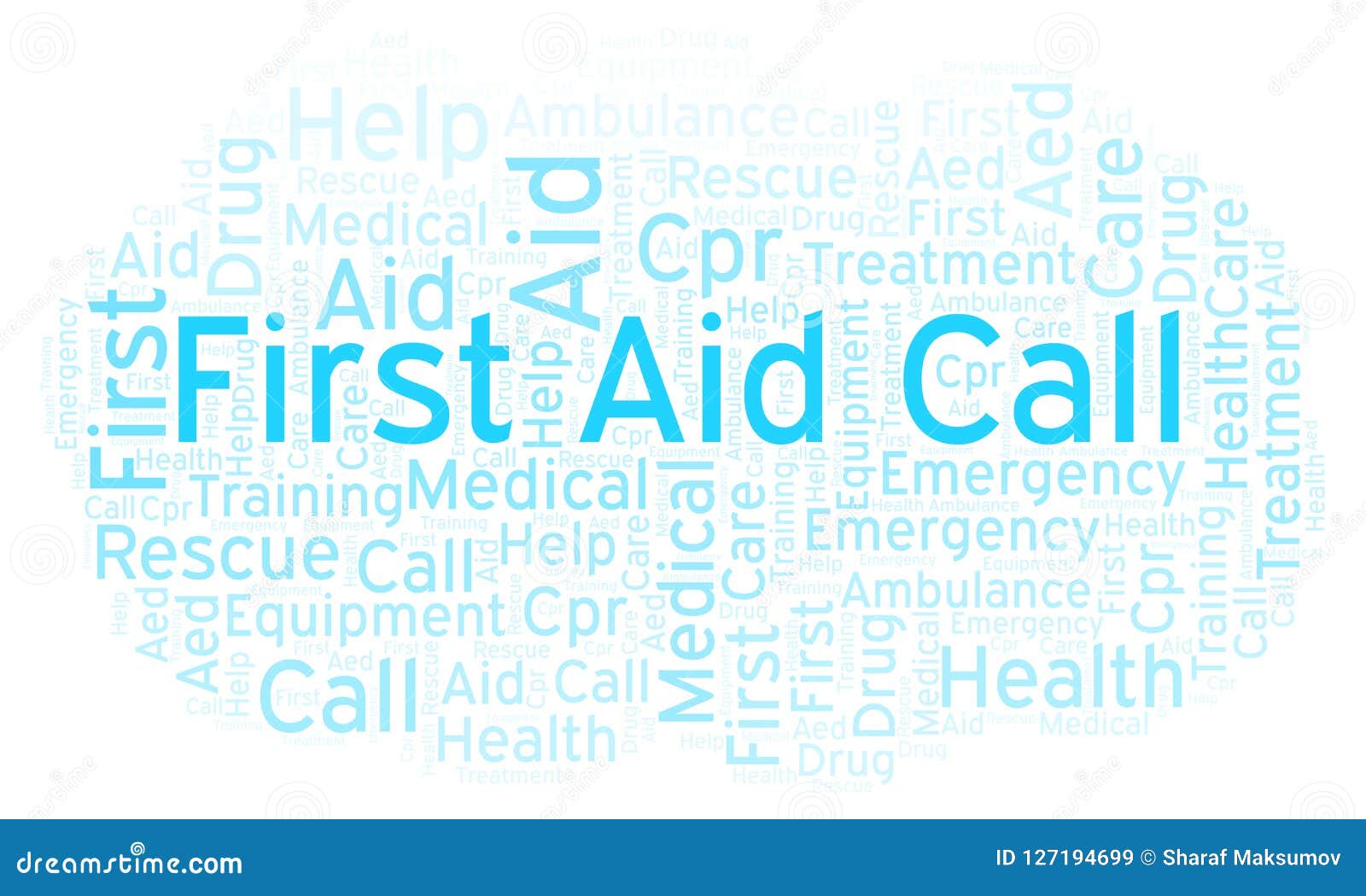 First Aid Call Word Cloud, Made with Text only. Stock Illustration