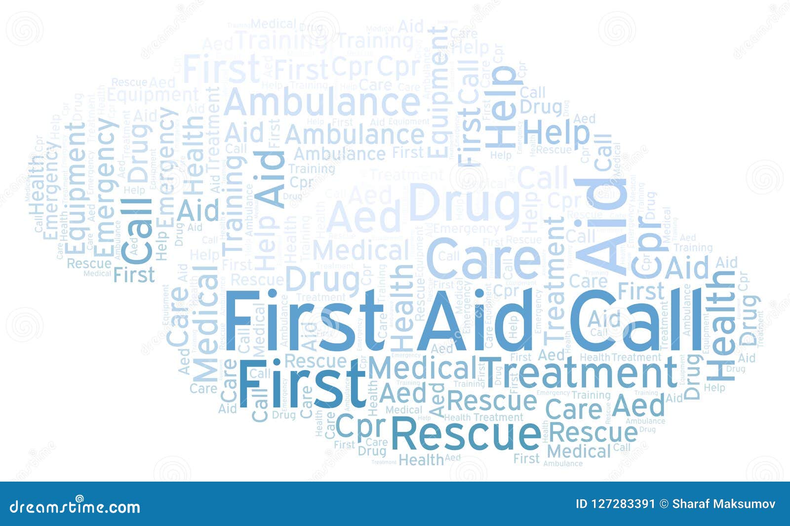 First Aid Call Word Cloud, Made with Text only. Stock Illustration