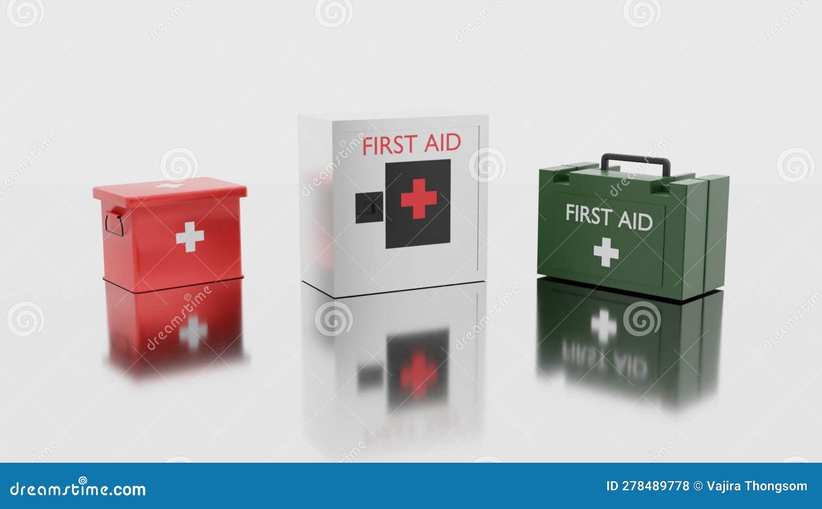 First Aid Kit Tool Box, Metal, Plastic on White Background, 3d
