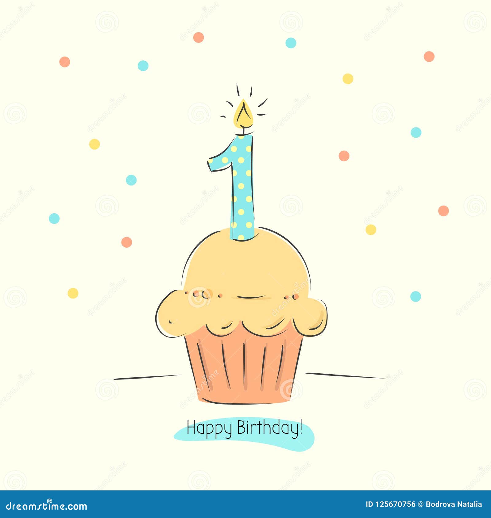 First Birthday Boy Card With Cupcake And Candle In Flat Design Style