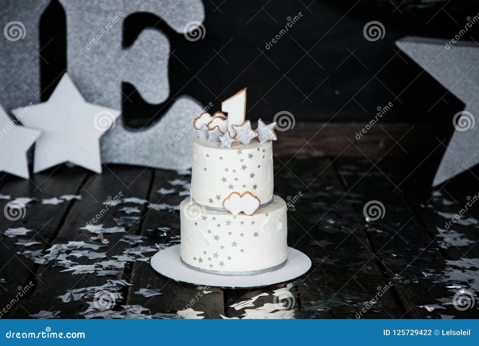 First Birthday White Cake With Stars And Candle For Little Baby Boy