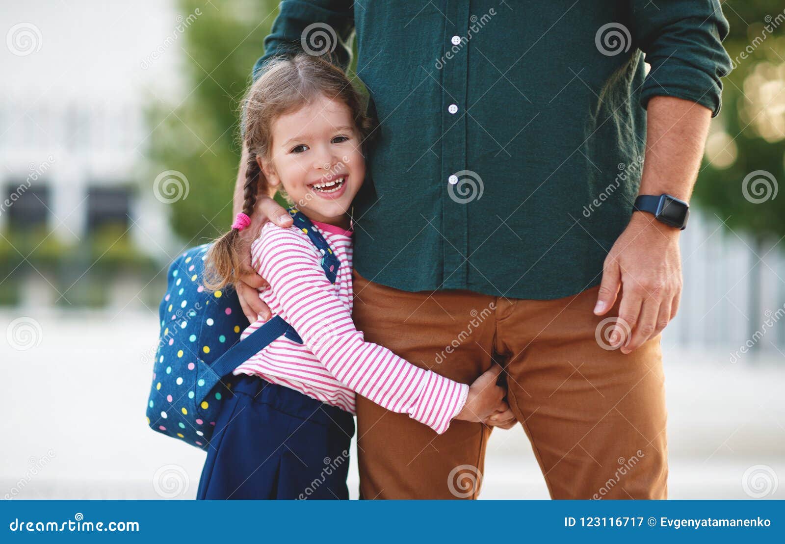 First Day At School Father Leads Little Child School Girl In F